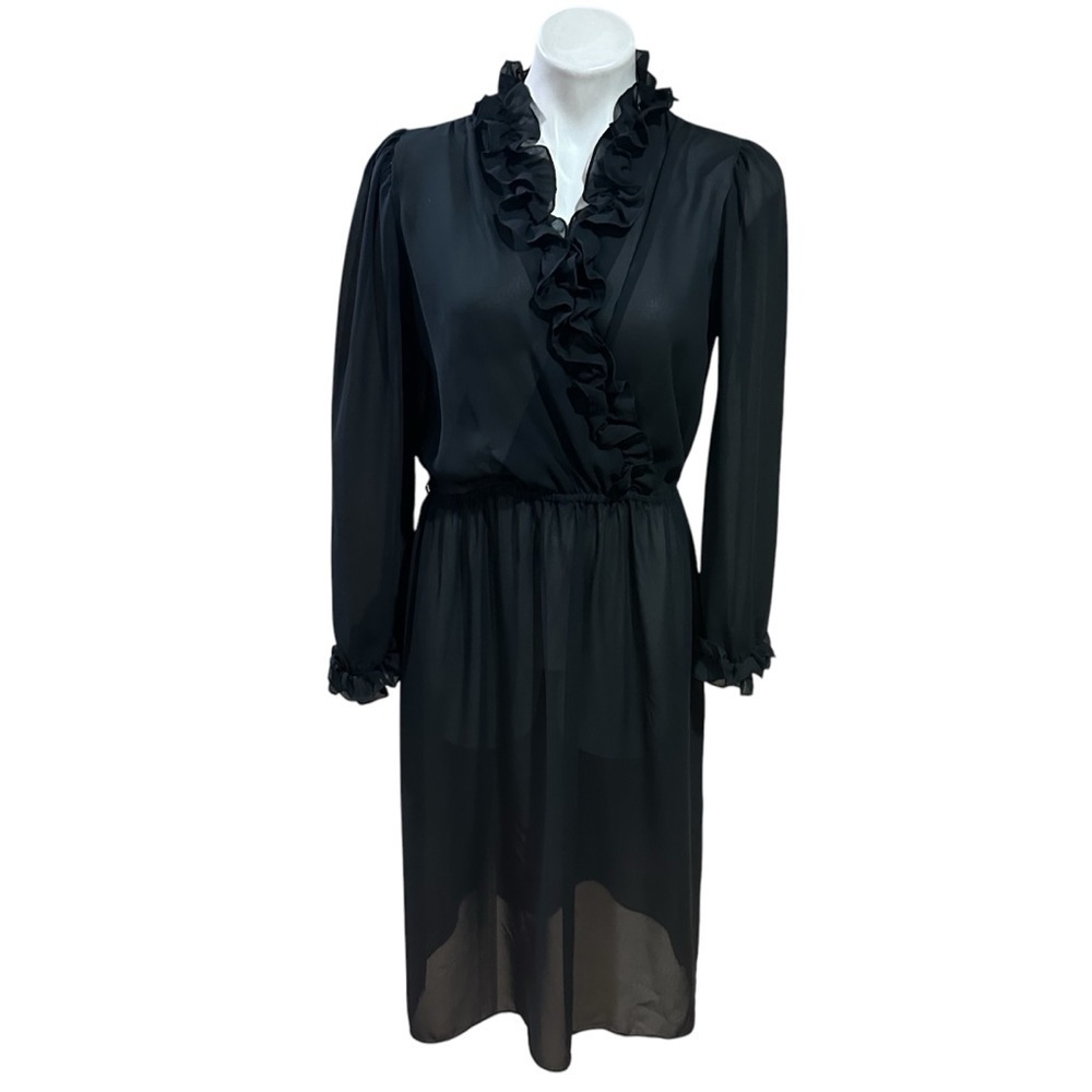 Vintage 80s 90s Lady Carol Black Ruffle Neckline Shirt Dress Retro